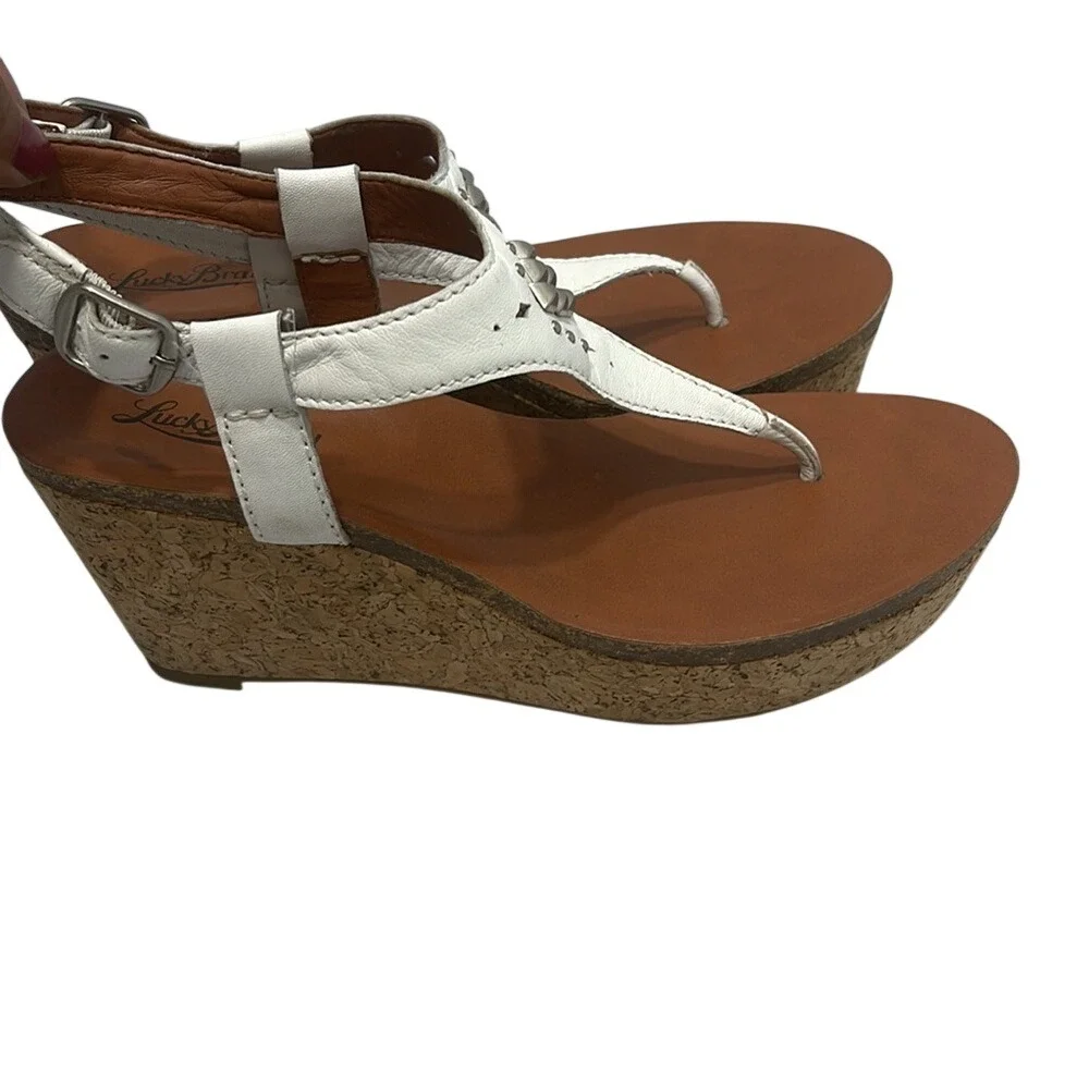 Lucky Brand White Leather Studded Cork Wedge Sandals‎ Womens Boho Thong Platform